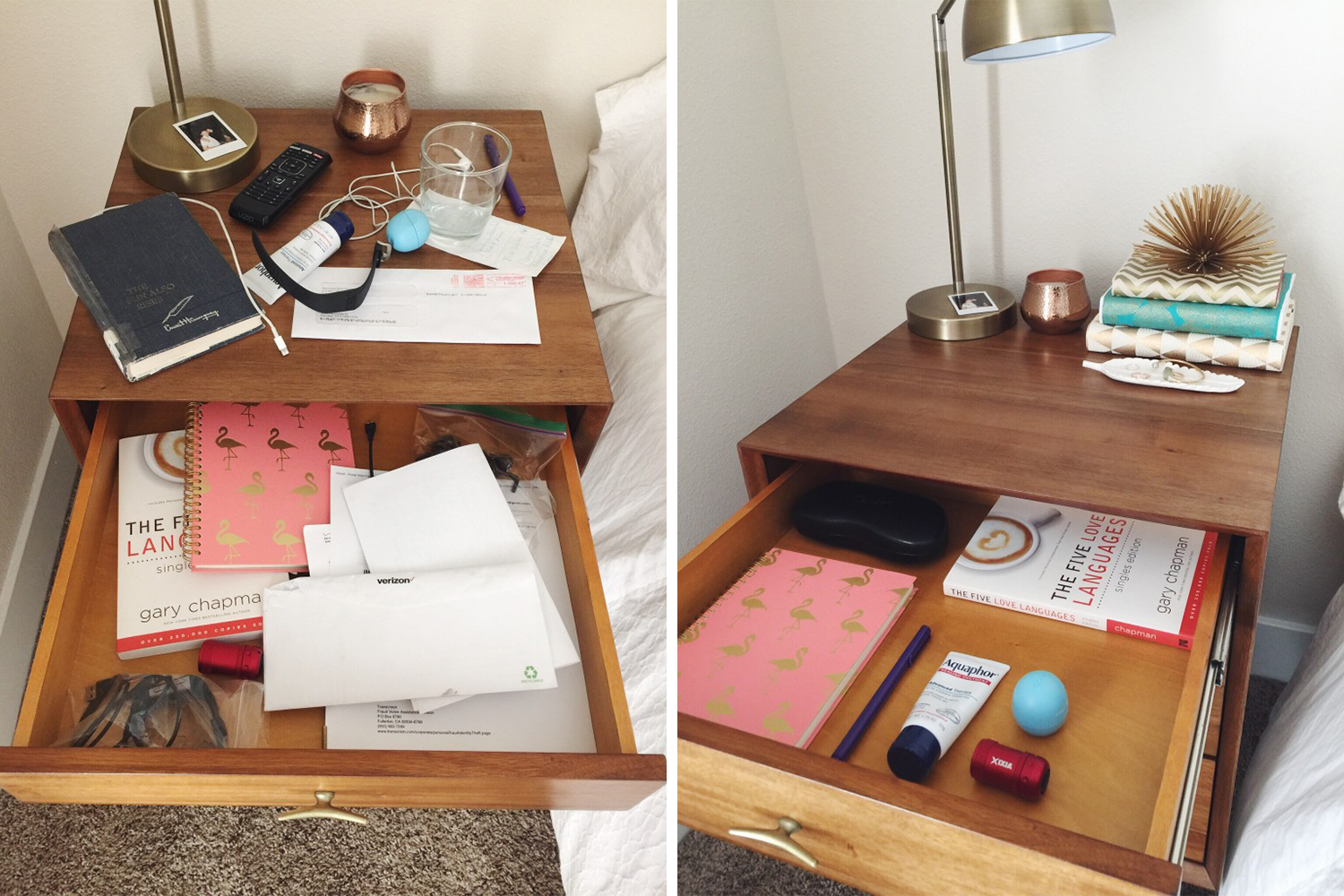 Organized bedside table before and after // Simply Spaced - Simply Spaced