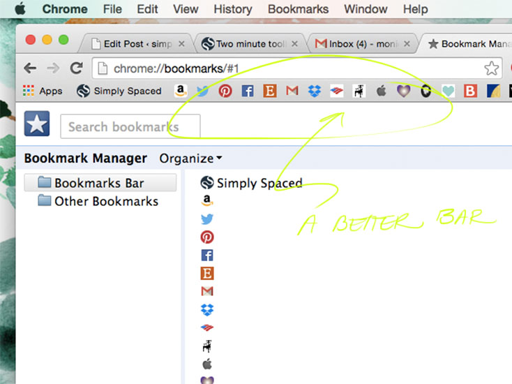 The Roomy Bookmarks Toolbar // Two Minute Toolbar: A Browser Makeover// simplyspaced.com