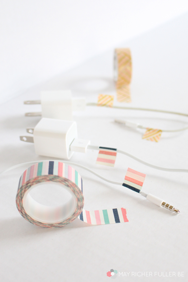 Color-Coded Washi Tape to Differentiate Your Actively Used Chargers and Headphones // 7 Ways to Label Your Cords and Cables // simplyspaced.com
