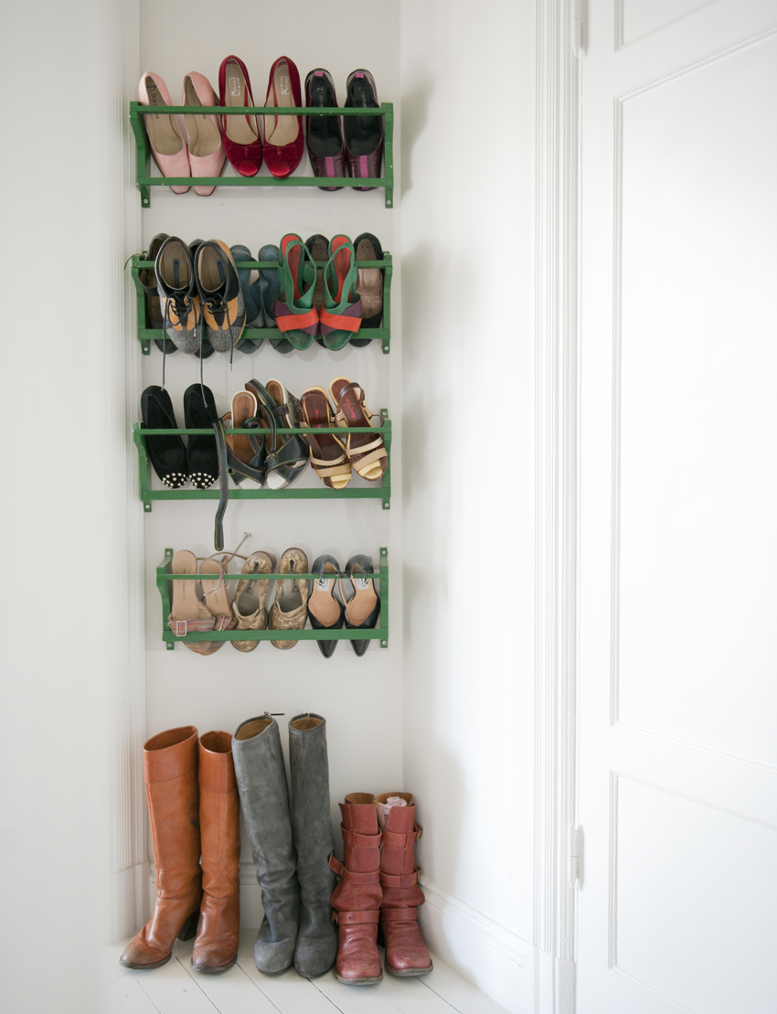 How to Organize your shoes // shoe storage ideas // magazine rack for storing shoes // www.simplyspaced.com 