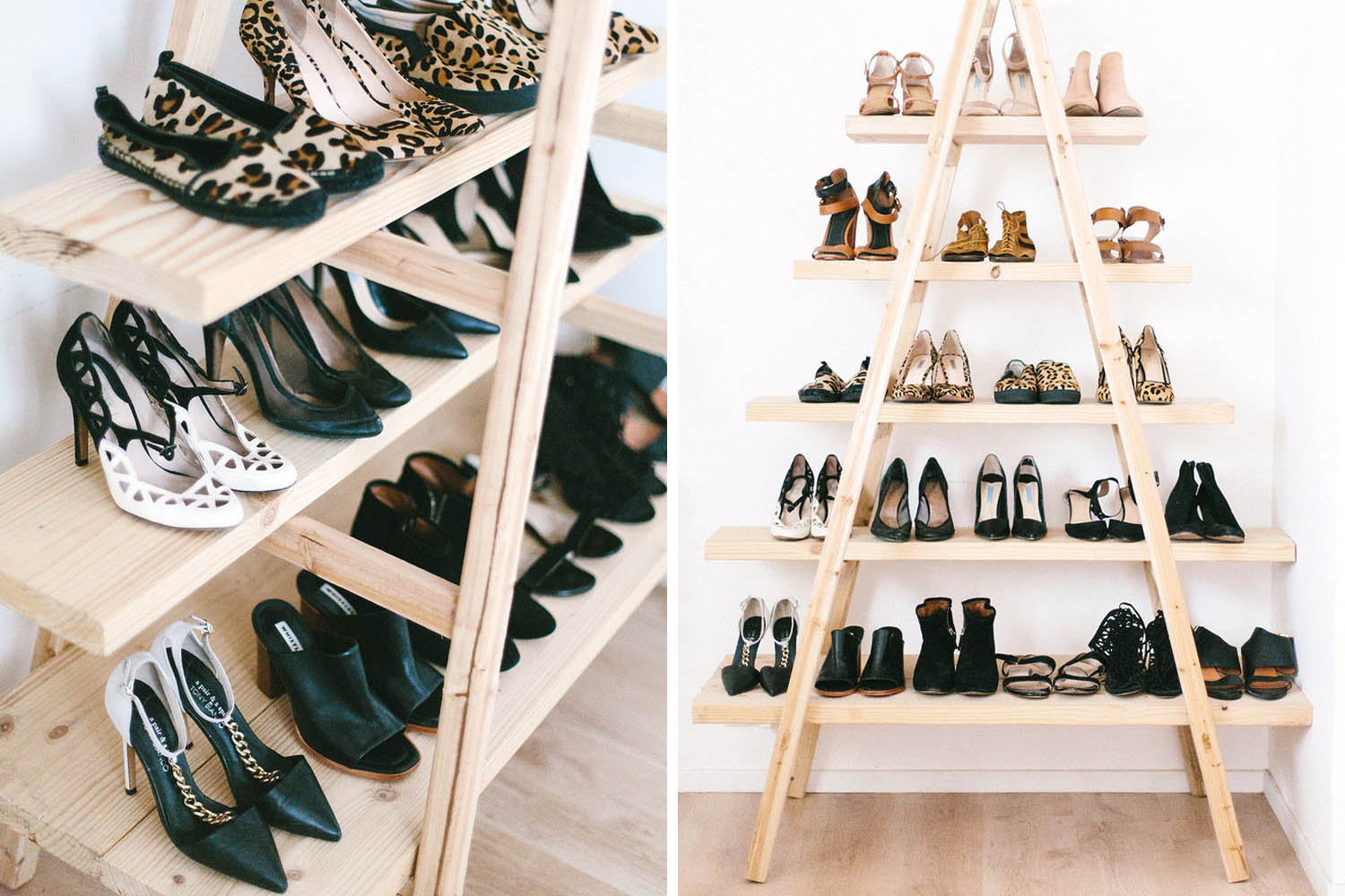 Behind the door shoe storage // Shoe organizing and storage ideas // organized home // storage solutions // closet organizing // small space // DIY shoe ladder shelf // inexpensive storage solutions // www.SimplySpaced.com