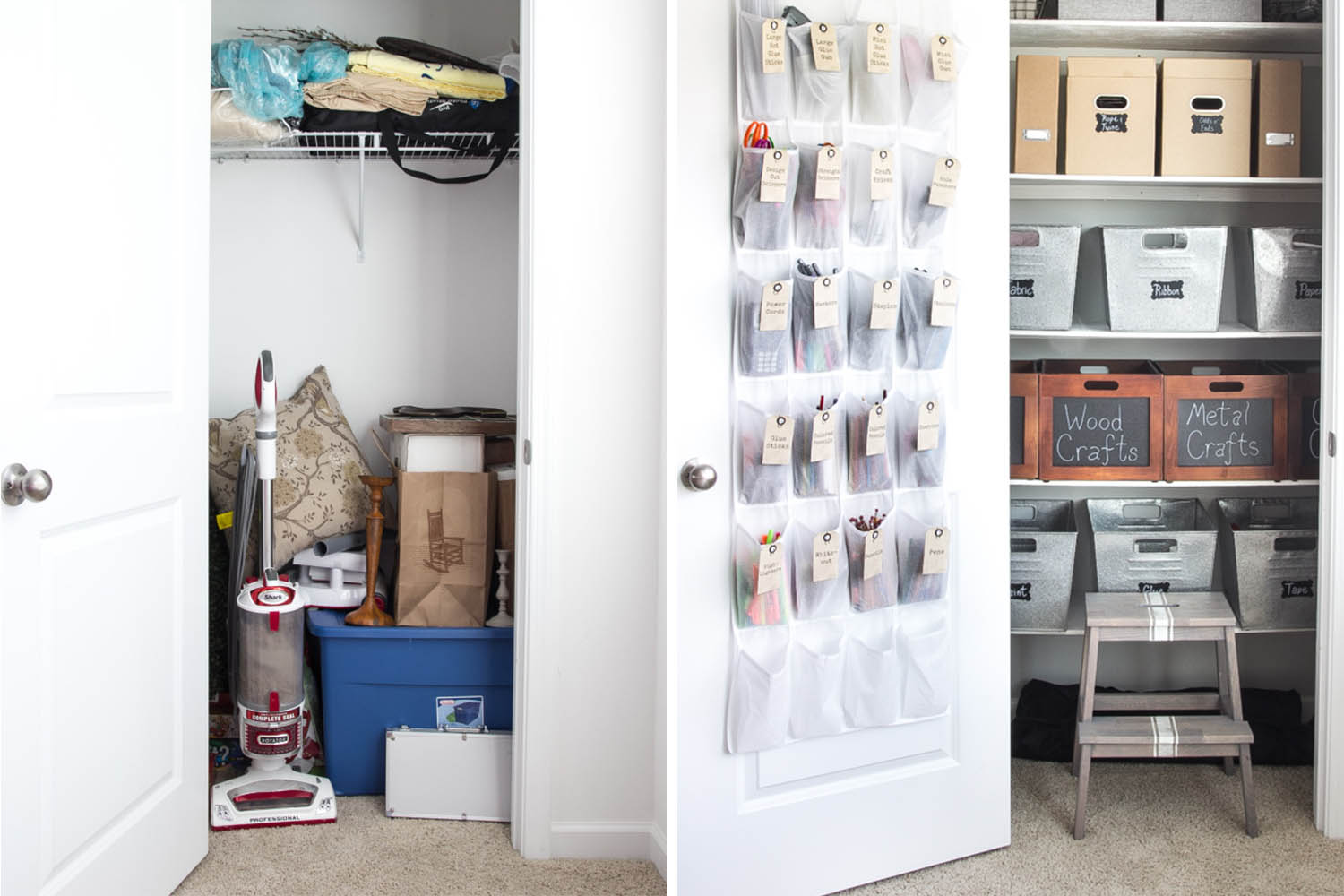 Closet organizing before and afters // utility closet // small space solutions // transformation // closet organizing // storage solutions // Office supplies 