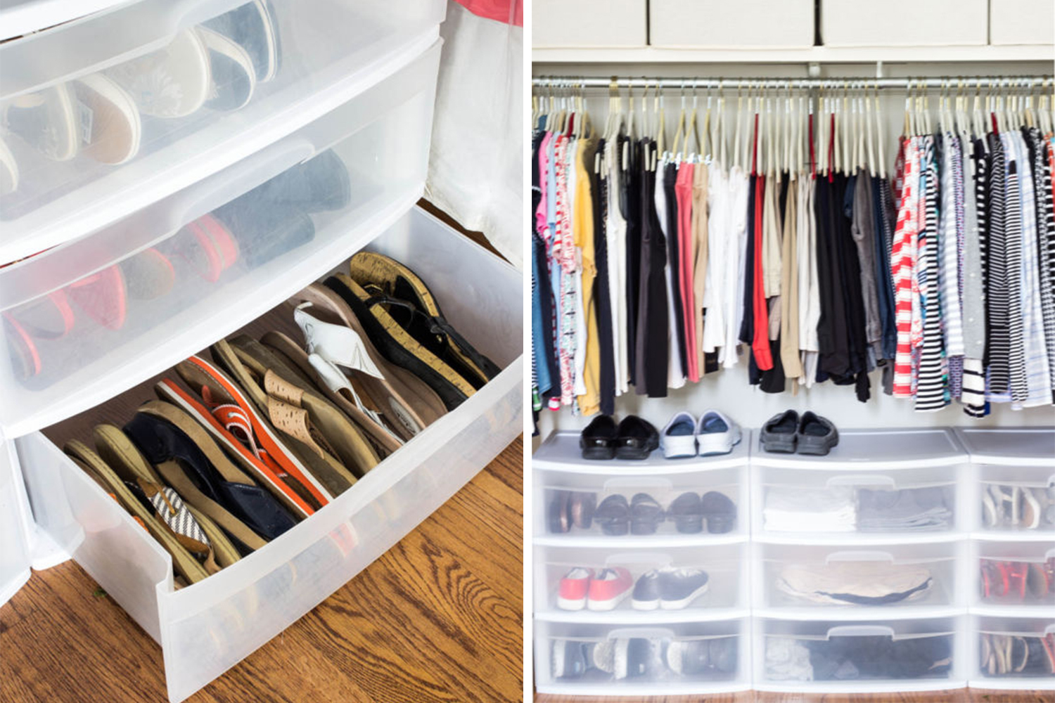 How to Organize your shoes // sandal organizing // cheap closet drawers // shoe organizing // under bed shoe storage products // organizers // shoe storage ideas // underbed storage // small space solutions // www.simplyspaced.com 