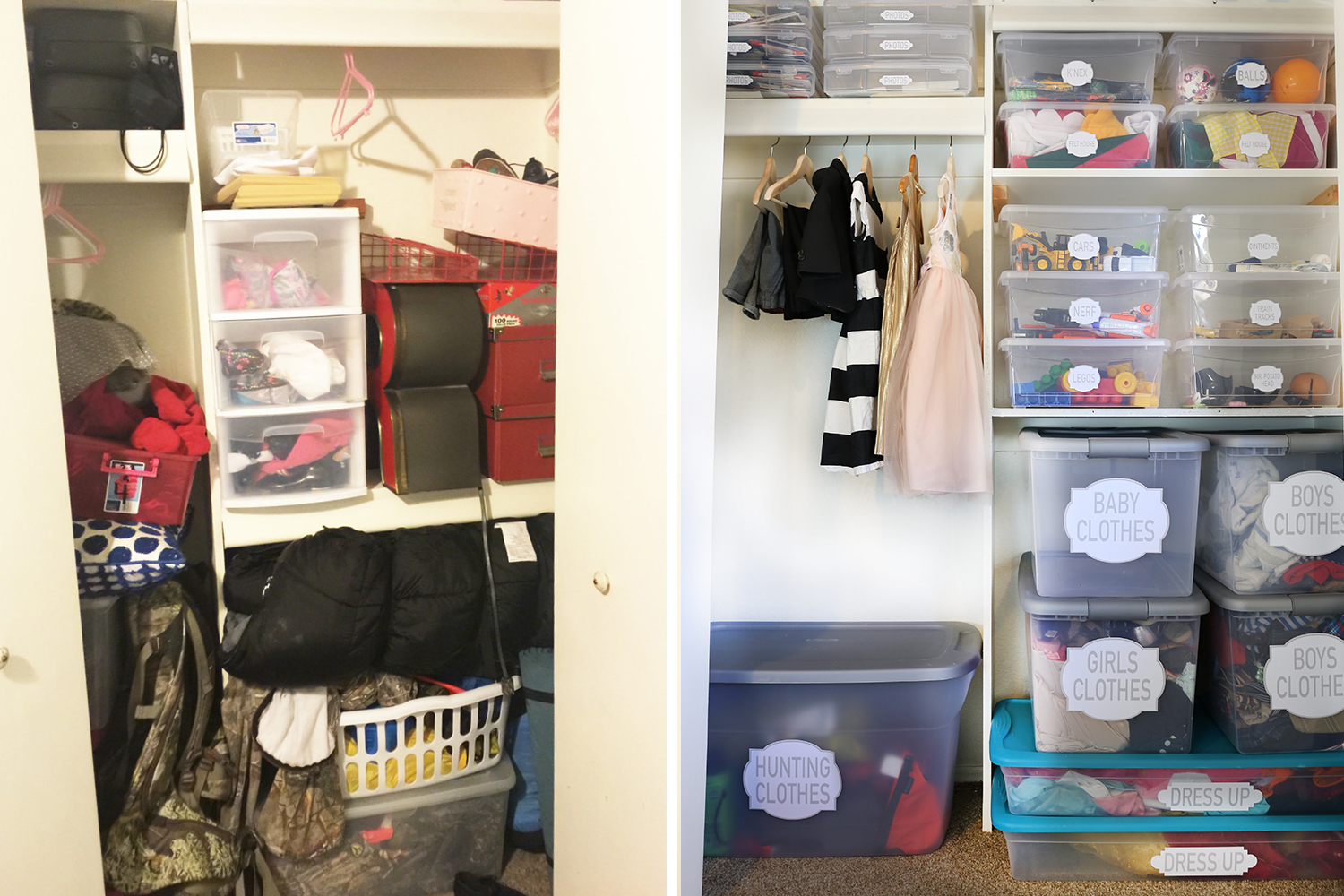 Closet organizing before and afters // organized kids closet // transformation // playroom organizing // storage solutions // Office supplies 