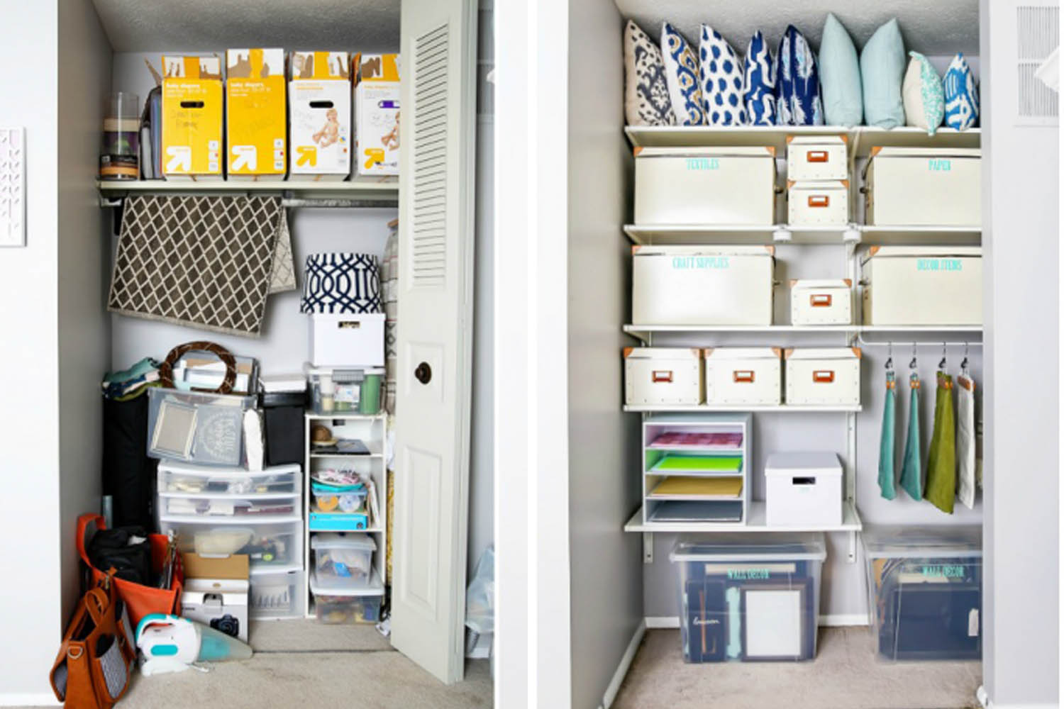 Closet organizing before and afters // organized office // transformation // craft closet // Office supplies 