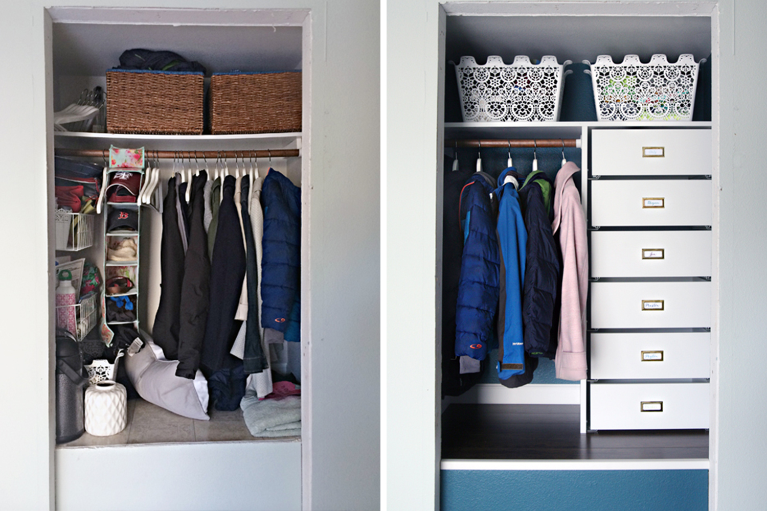 Closet organizing before and afters // organized office // transformation // coat closet organizing // storage solutions // Office supplies 
